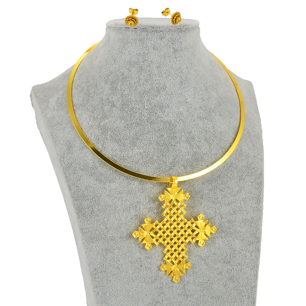 BIG Cross Collar Round Pendant & 1CM Small Earrings Choker Ethiopia Birthday Jewelry sets Africa Eritrean Habesha