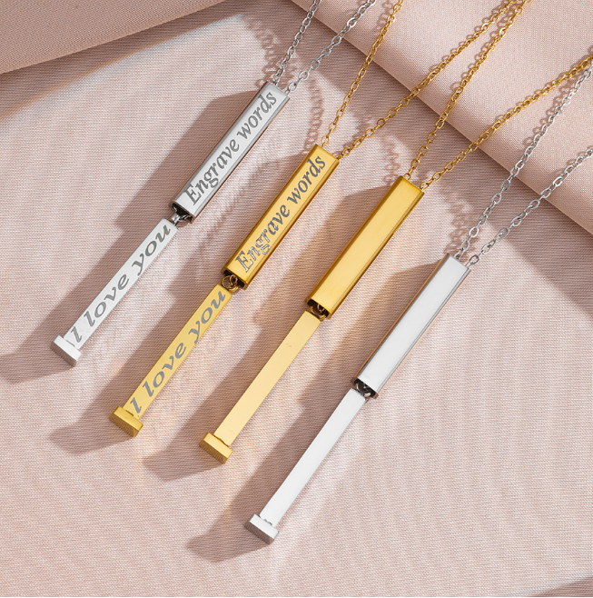 Stainless steel cube column pendant hidden engraved up and down pull-pull necklace accessories wholesale