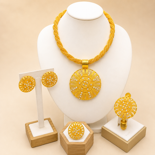 Luxury Ethiopian 24k Gold Color Twisted Necklace And Earrings Jewelry Sets For Women Dubai Indian Bridal Set Wedding