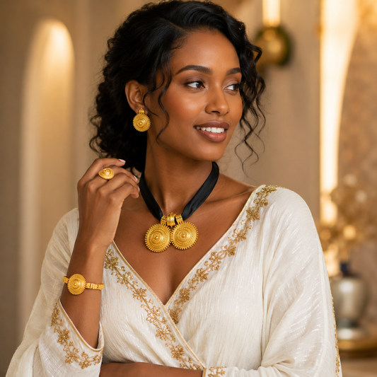 DIY Rope Chain Ethiopian Jewelry Set Gold Color Eritrea Ethnic Style Habesha Pendant Earrings Ring