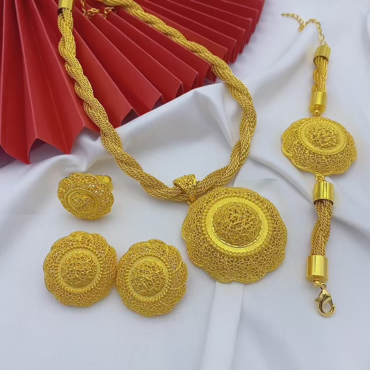 Luxury Ethiopian Round Necklace And Earrings Jewelry Sets For Women Dubai Indian Bridal 24k Gold Color Set Wedding Party Gifts