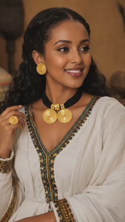 DIY Rope Chain Ethiopian Jewelry Set Gold Color Eritrea Ethnic Style Habesha Pendant Earrings Ring