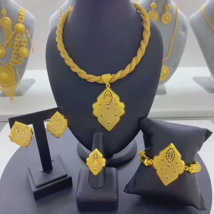 Luxury Ethiopian 24k Gold Color Twisted Necklace And Earrings Jewelry Sets For Women Dubai Indian Bridal Set Wedding