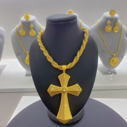 Ethiopian Cross Pendant Twisted Chain for Women Man African Wedding Party Gold Color Eritrea Jewelry Cross Gift