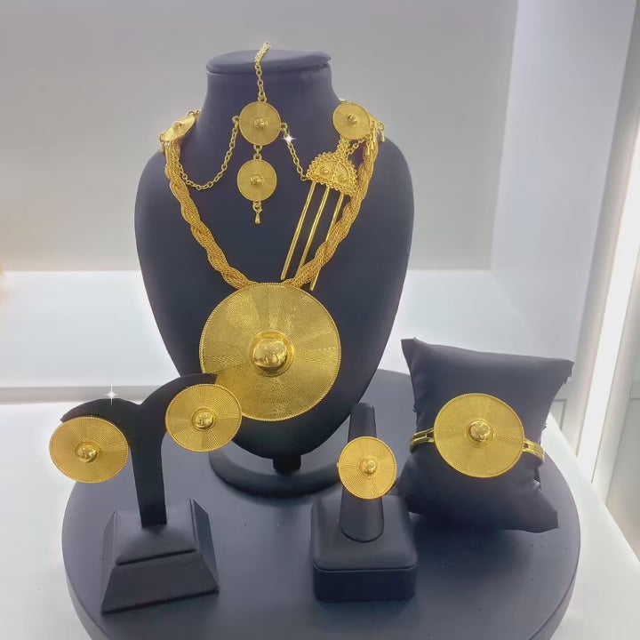 Ethiopian 24k Plated Gold 6PCS Jewelry Set For Woman's African Indian Big Pendant Necklace Wedding Engagement Gifts