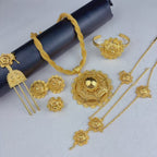 Ethiopian Dubai 24k Plated Gold 6PCS Jewelry Set For Woman African Indian Big Pendant Necklace Wedding Engagement Gifts